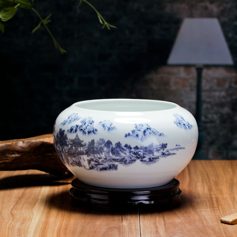 Jingdezhen blue and white ceramics goldfish bowl water lily bowl lotus tortoise cylinder fish basin writing brush washer from sitting room desktop furnishing articles