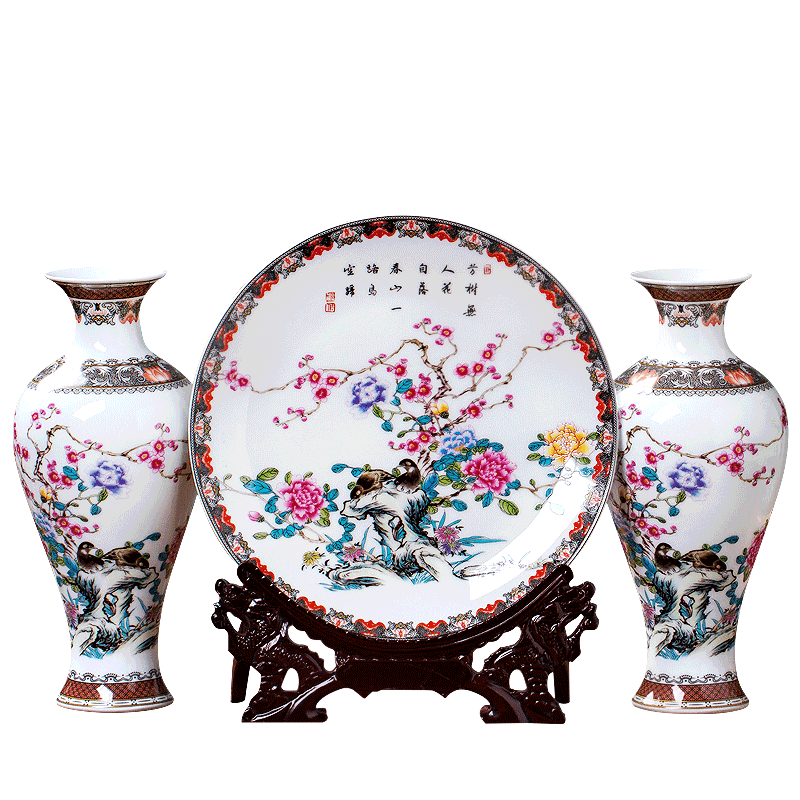 Jingdezhen ceramics powder enamel vase three - piece furnishing articles of Chinese style living room TV cabinet rich ancient frame craft ornaments