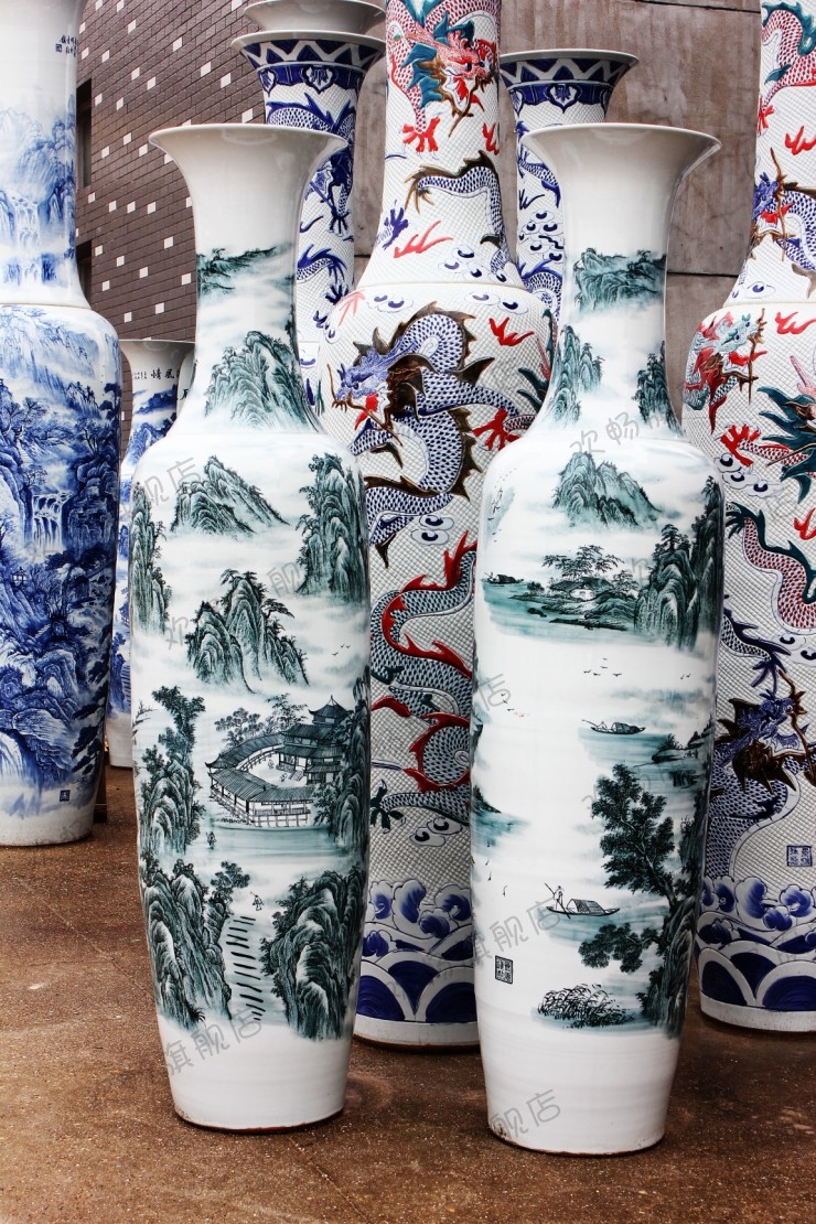 Sf48 jingdezhen ceramics color ink landscape high white clay ground big vase sitting room adornment of rural furnishings