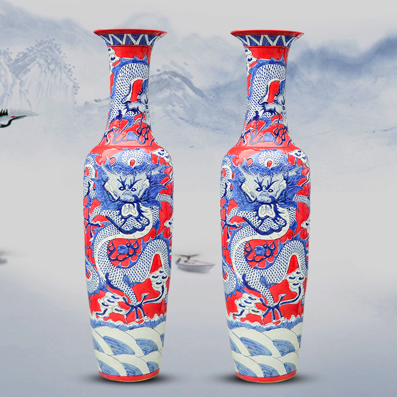 Jingdezhen ceramic hand - made landing big vase hand - carved red glaze flying dragon in the day sitting room hotel decoration furnishing articles