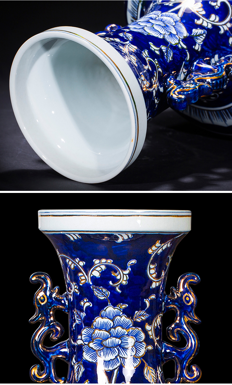 Jingdezhen ceramics hand - made ears antique Chinese blue and white porcelain vase flower arrangement rich ancient frame furnishing articles large living room