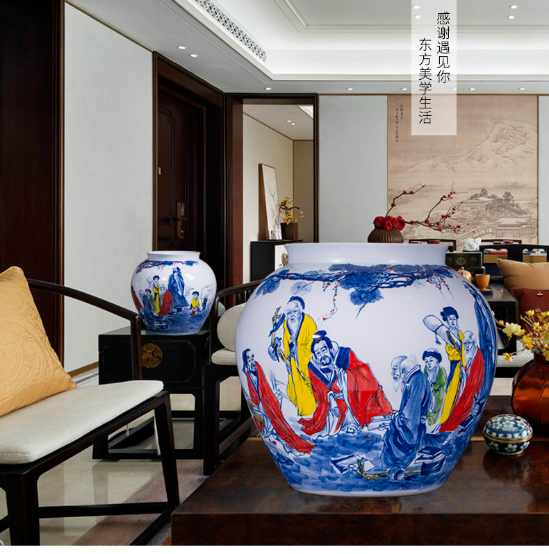 Hand - made landing pot - bellied pot vase of blue and white porcelain of jingdezhen ceramics sitting room adornment is placed on the calligraphy and painting scroll cylinder