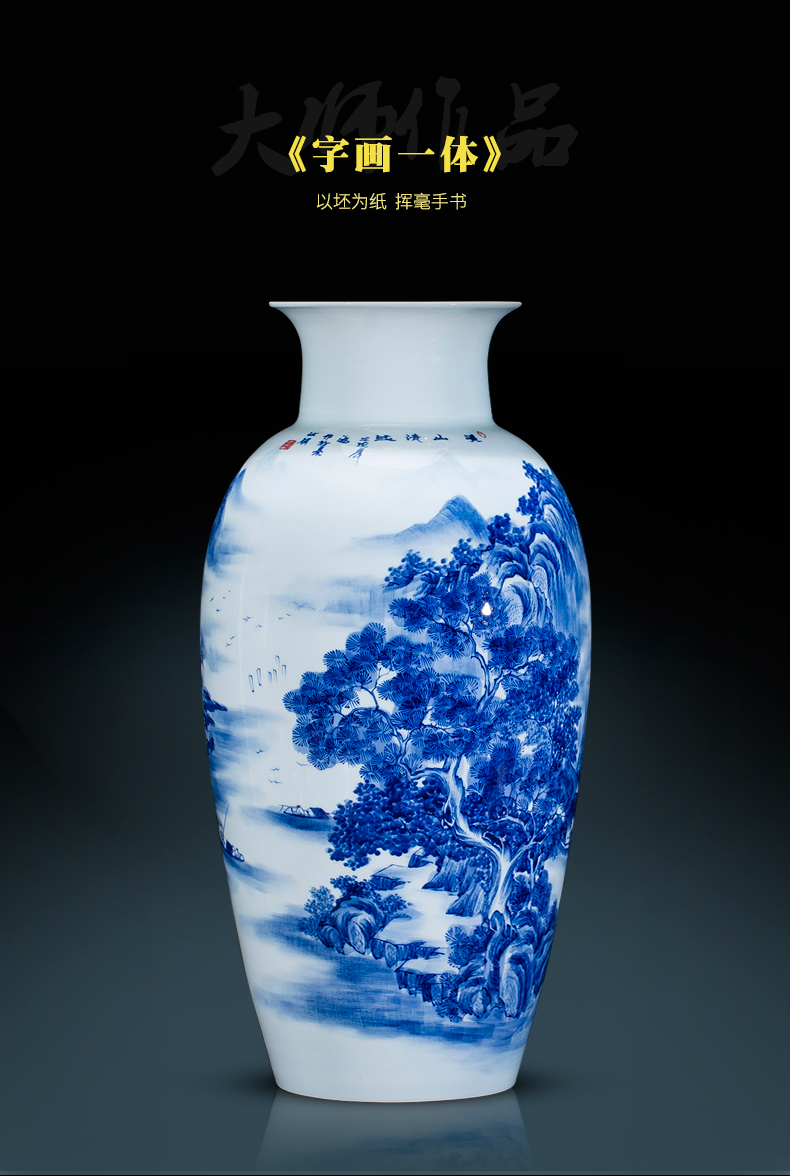 Jingdezhen ceramics famous hand - made the master of landscape painting the blue and white porcelain vases, large sitting room adornment style furnishing articles