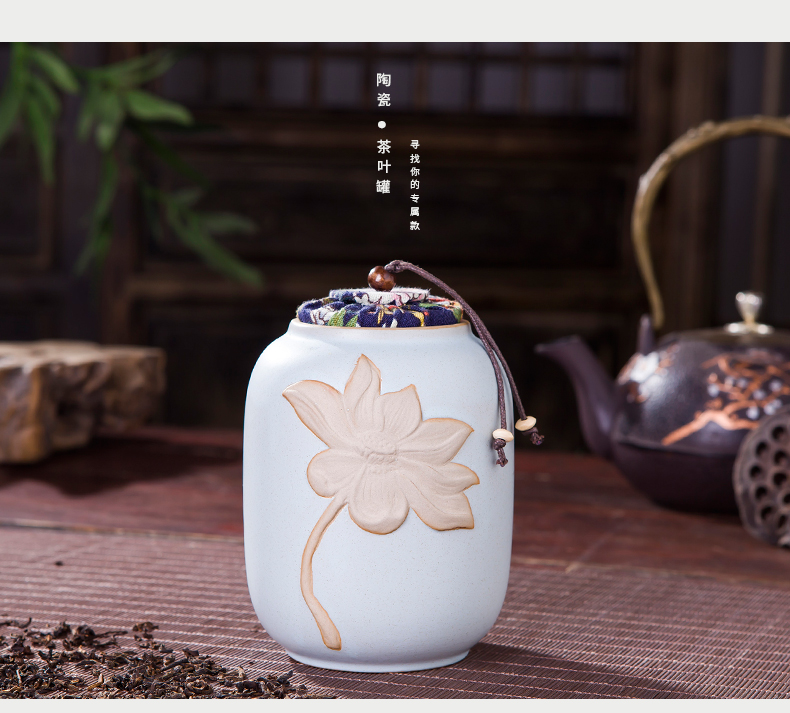 Jingdezhen embossed lotus checking ceramic tea caddy fixings warehouse sealed barrels of pu 'er tea to wake two POTS of cloth cover 4