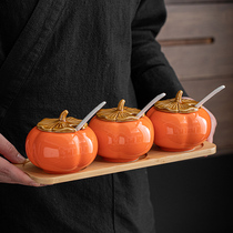 Ceramic persimmon seasoning jar kitchen persimmon persimmon Ruyi salt jar sugar jar seasoning box set can be engraved barbecue seasoning jar