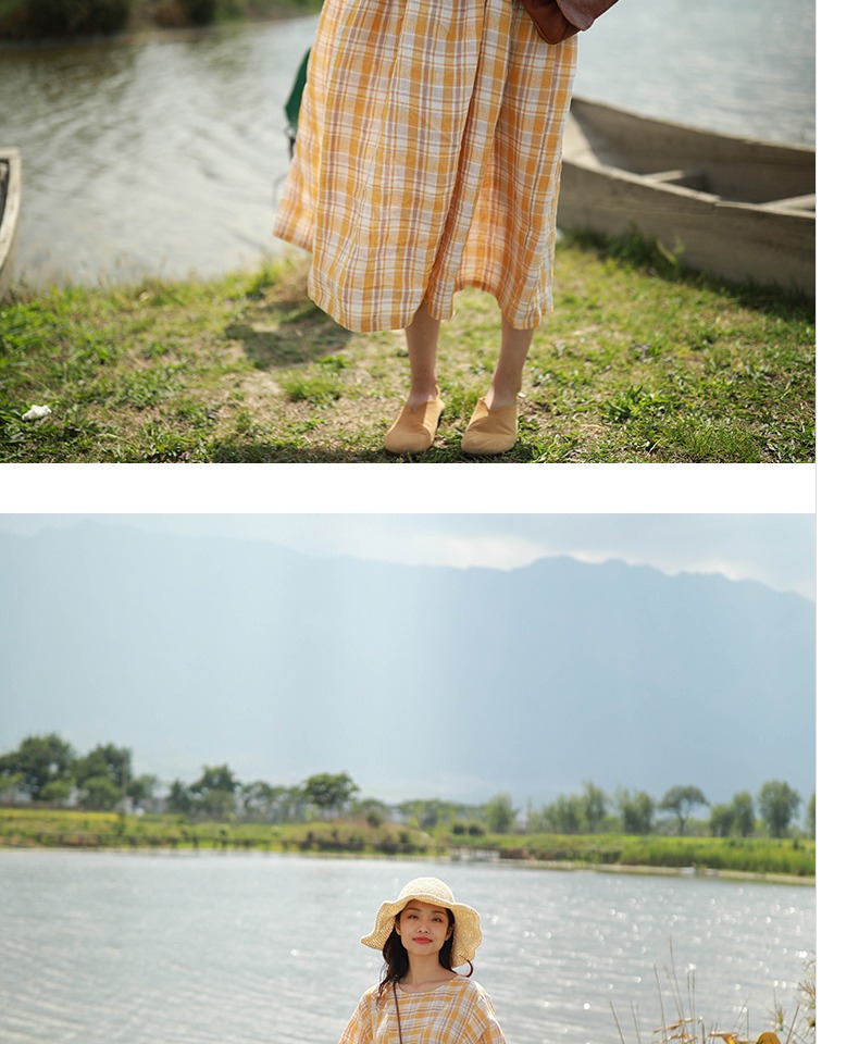 Bloom D430 / chùm ánh sáng / 2019 hè mới kẻ sọc vàng cổ tròn phồng tay áo nhỏ lanh tươi - Sản phẩm HOT váy suông