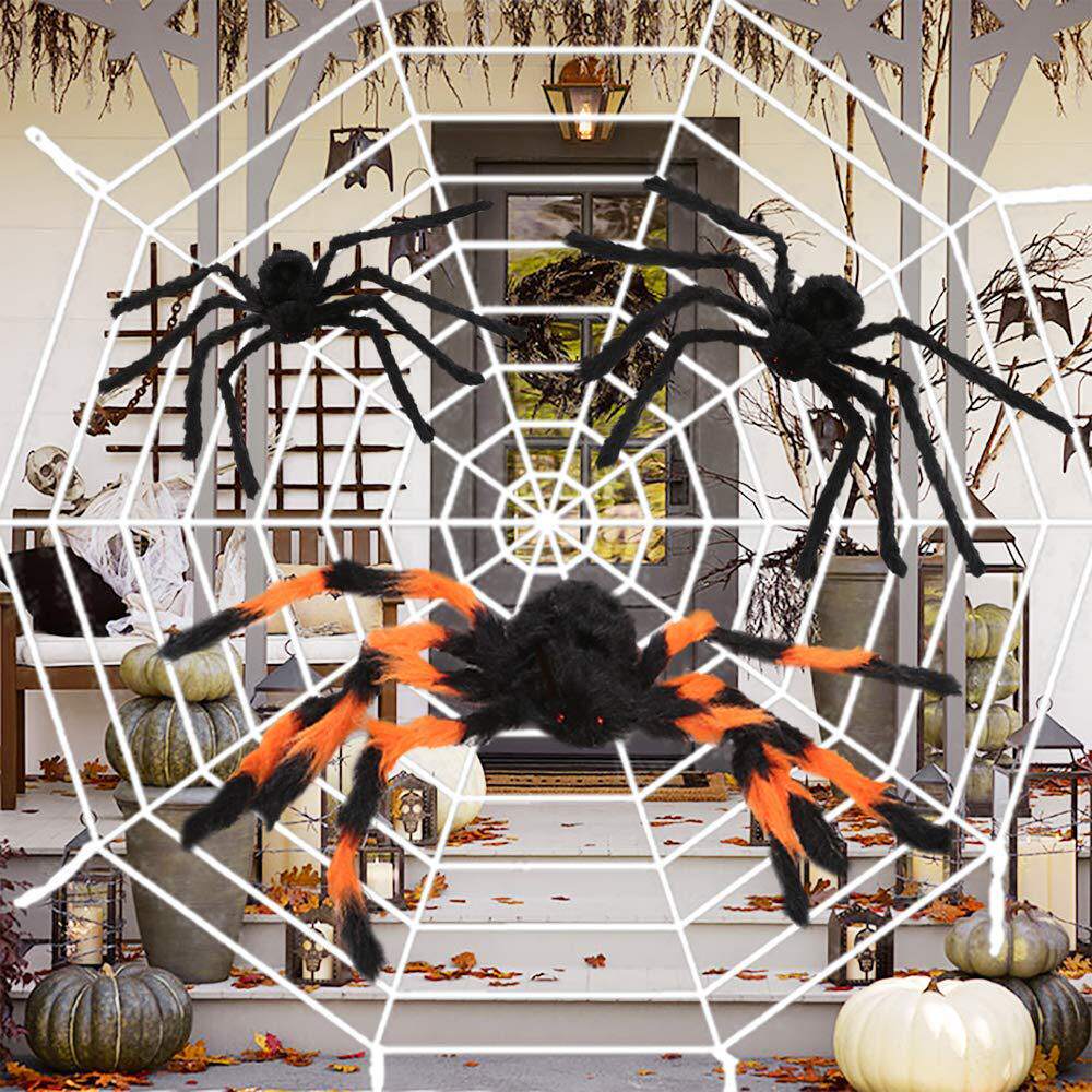 Halloween decorations, haunted house, murder mystery game scene setup, bar escape room, scary props, realistic giant spider web