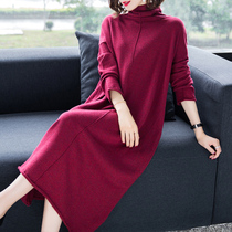 Fatty plus size knitted dress women autumn and winter 200kg fat mm loose high collar long knee bottom sweater skirt