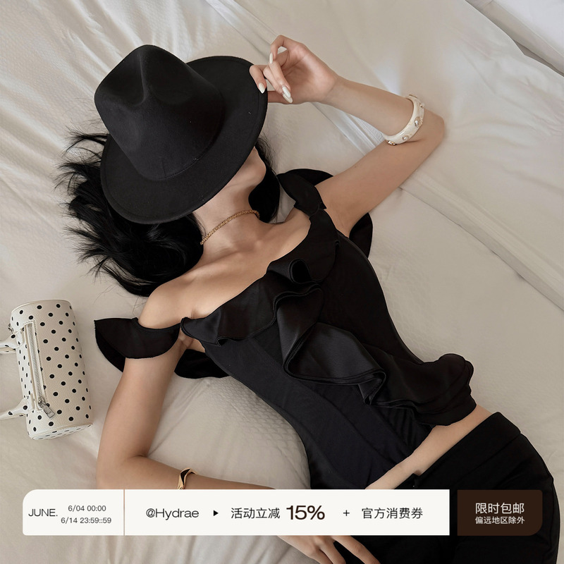 Hydrae Xi1Ying Black Ribbon Strapless Women's Summer Short Camisole Waist-Cinching Off-Shoulder Fishbone Top