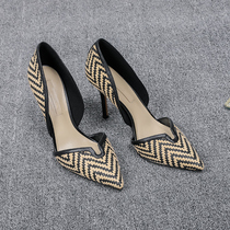 Overseas 2021 four seasons new striped stiletto single shoes women European and American style pointed stiletto high heel orsay shoes