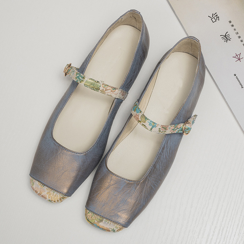 Overseas retro blue star shoes leather square head thick heel flat women's shoes Mary Jane gentle milk shoes