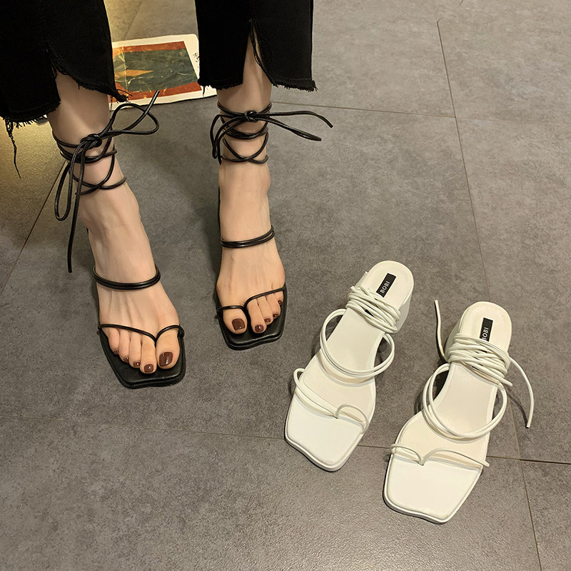 Overseas cool oblique female 2021 summer new mid-heel Joker high-heeled oblique thick-heeled tie roman shoes temperament female
