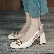 Overseas genuine leather 2021 new horse title buckle high coarse heel shoe woman white retro square head Baotou sandal women