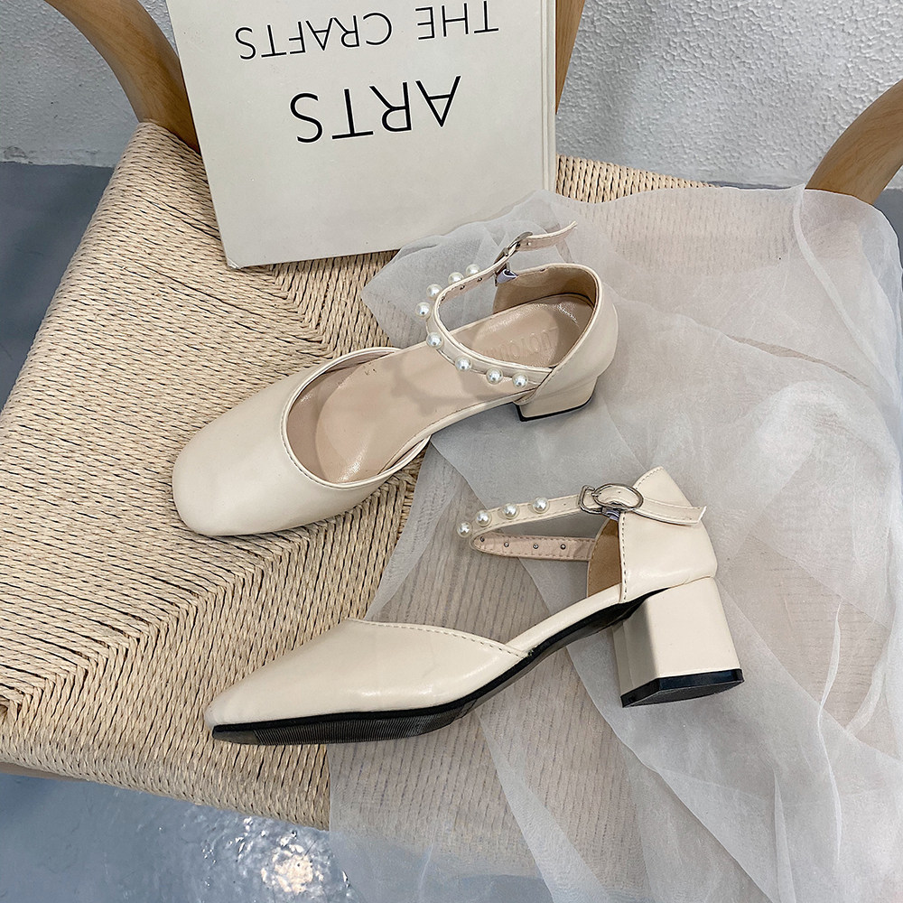 Overseas Pearls Sandals Shoes 2021 New Ladies Fashion Baotou Women Shoes 100 Hitch Thick Heel Single Shoes High Heel Shoes