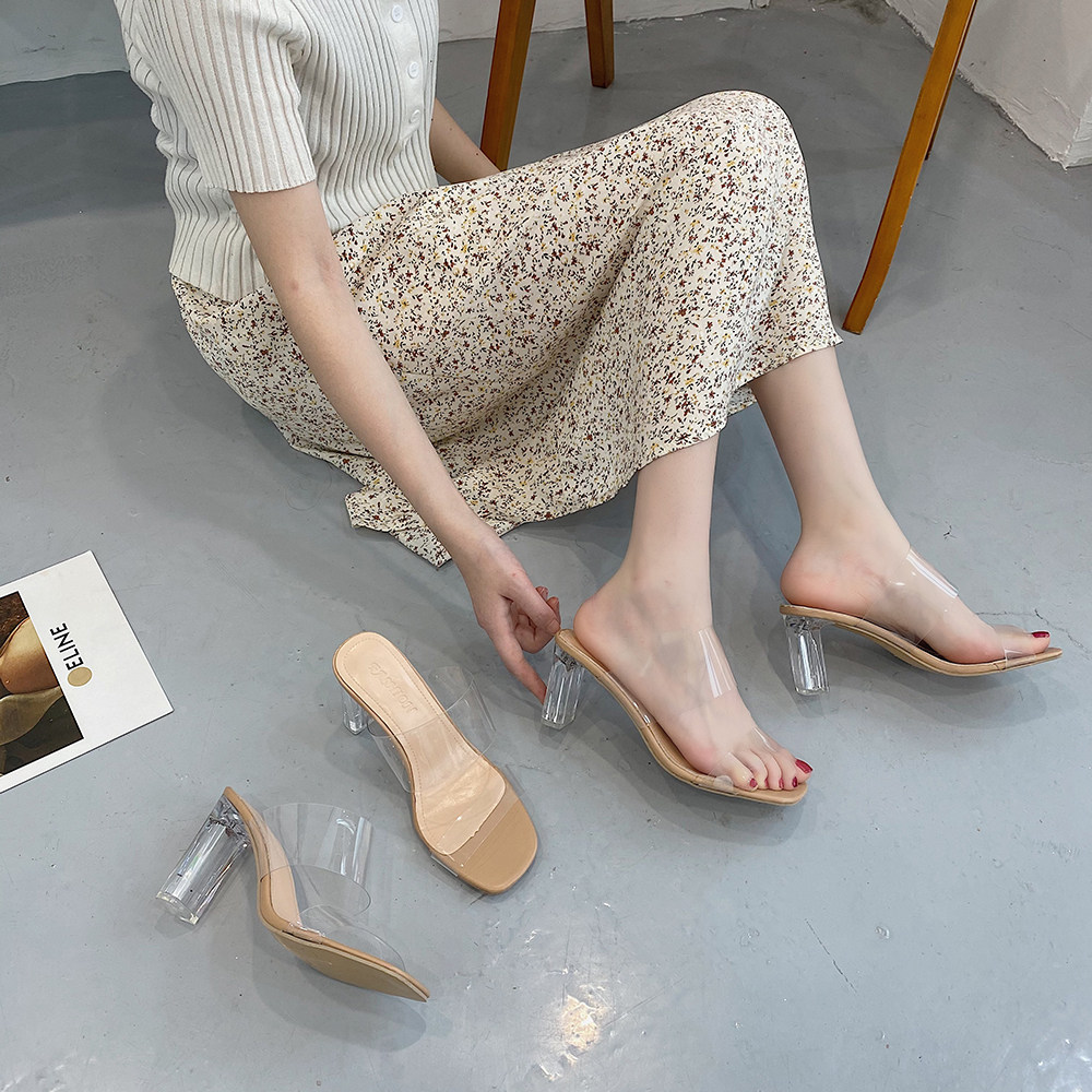 Overseas Cool Slippers Women Summer 2021 New Fashion 100 Hitch Crystal Shoes Transparent High Heels Woman Coarse Heel