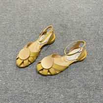  Overseas low-heeled womens shoes 2021 leather flat sandals summer baotou hollow word buckle belt all-match