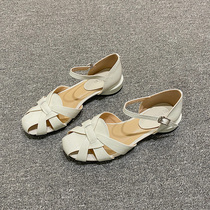  Overseas Baotou womens shoes 2021 summer new hollow word buckle belt fairy patent leather thick heel medium heel sandals