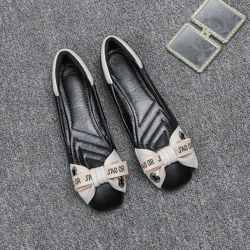 Overseas 2021 summer new women's shoes leather square toe flat bottom fashion low bow all-match scoop shoes
