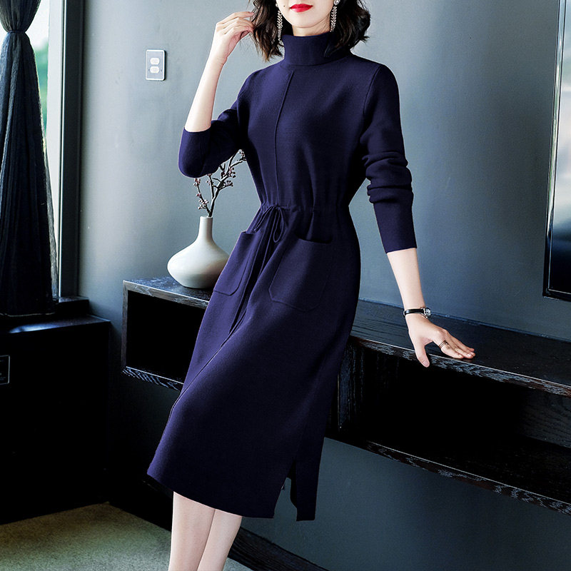 深蓝色贵夫人气质毛衣裙：复古温柔的冬日宝藏_连衣裙_淘宝服装网