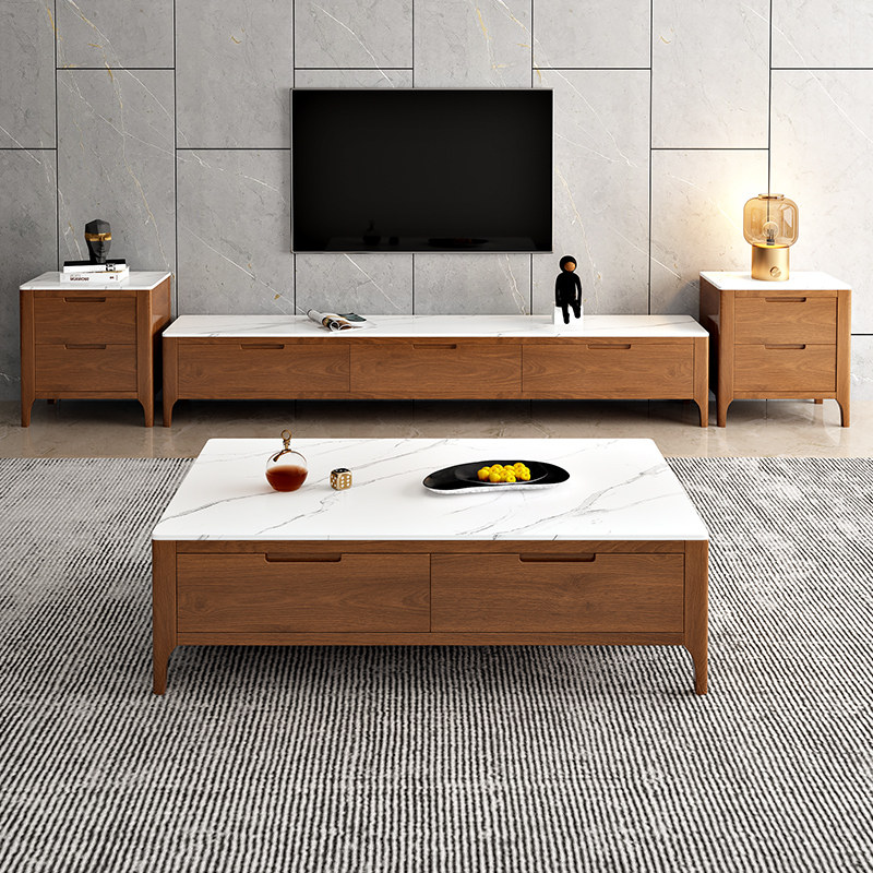 Rock slab coffee table TV cabinet combination set simple modern slate solid wood coffee table TV cabinet walnut color furniture