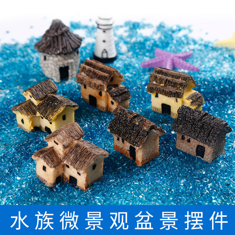 Bucket Fish Tank Thatch Grass House Building View Tabletop Fish Tank Moss Microscape Pendulum resin Little House Creative Handicraft-Taobao