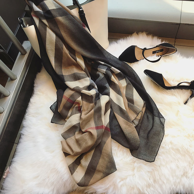 Han Feng scarf female spring and summer stars with plaid scarf color matching gauze long silk scarf scarf scarf shawl