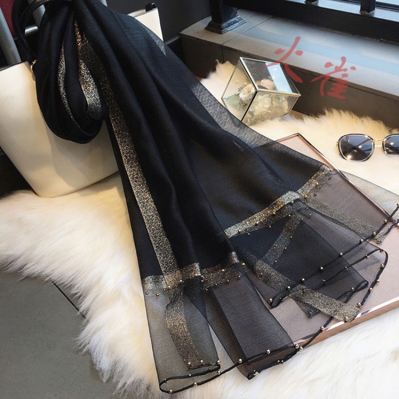 Han Version Genuine Silk Scarves Handnails Beads Pure Color Scarves Women Autumn Winter Lengthened and Giant Shawl Shoulder Mulberry Silk Scarves