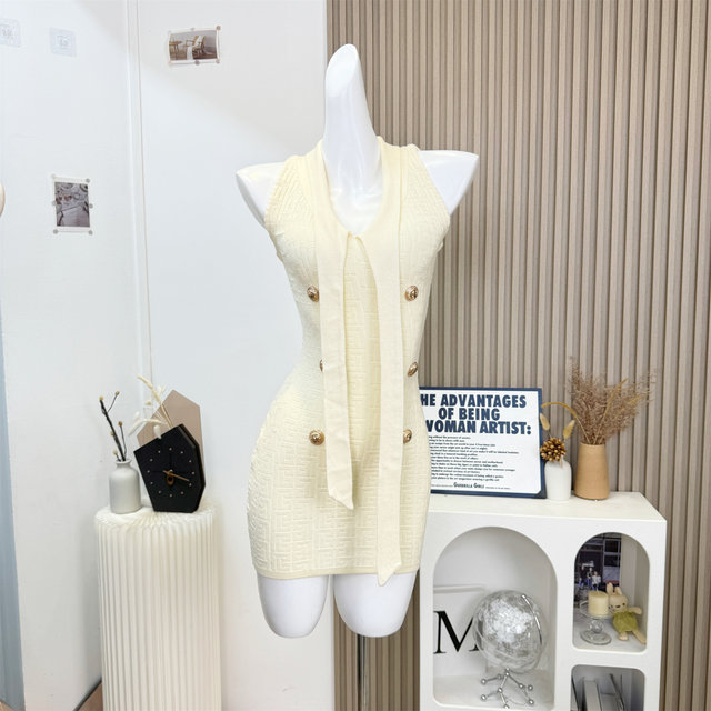 White Gold Luxury Style, Chanel-Inspired Socialite Heavy Jacquard Ribbon Slim-Fit Bodycon Sleeveless Dress for Women