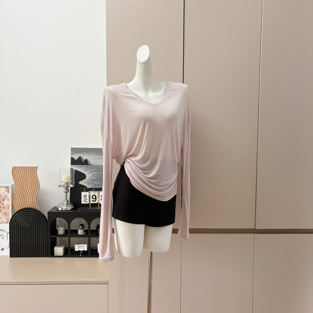 Popw Relaxed Style Tencel Wool Loose V-Neck Thin Top Women's Summer New Long-Sleeved T-Shirt