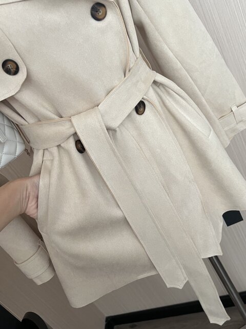 French-Style Suede Waist-Cinching Jacket for Women, New Korean-Style Casual Versatile Khaki Trench Coat for Petite Figures