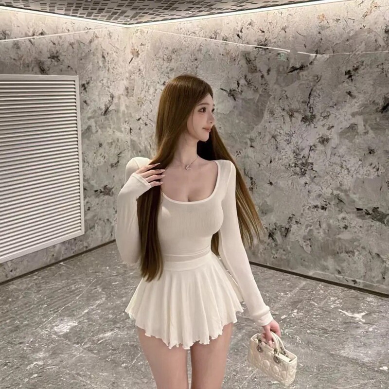 Popw 2026 Autumn Large U-Neck Long Sleeve Pure Desire Style Hot Girl Simple Style Slim Fit Dress Popw 2026 Autumn Large U-Neck Long Sleeve Pure Desire Style Hot Girl Simple Style Slim Fit Dress