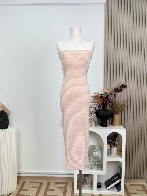 Popw Summer Oxygen Style Three-Dimensional Jacquard Strapless Mid-Length Knitted Dress with Back Slit