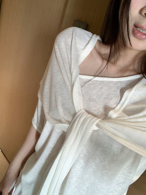 Popw LAOSHU White Water 2025 Comfortable Linen Set T-Shirt + Skirt + Shawl Three-Piece Set