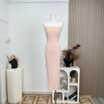 Popw Summer Oxygen Style Three-Dimensional Jacquard Strapless Mid-Length Knitted Dress with Back Slit