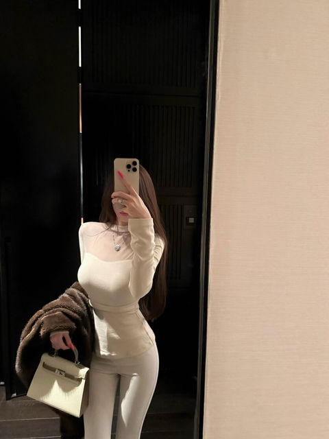 Popw[Lunar Goddess Love]Semi-High Collar Slightly Sheer Soft and Smooth Base Layer Top, Slim Fit Versatile Hollow-Out Long-Sleeve T-Shirt