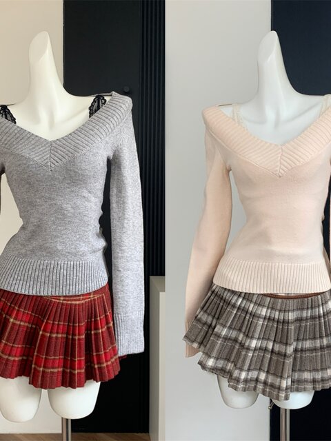 Perfect Waist-To-Hip Ratio, Retro Waist-Cinching Mid-Length Sweater Knit Top, Versatile V-Neck Base Shirt