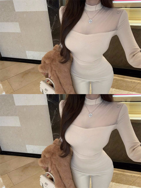 Popw[Lunar Goddess Love]Semi-High Collar Slightly Sheer Soft and Smooth Base Layer Top, Slim Fit Versatile Hollow-Out Long-Sleeve T-Shirt