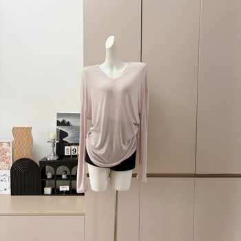 Popw Relaxed Style Tencel Wool Loose V-Neck Thin Top Women's Summer New Long-Sleeved T-Shirt