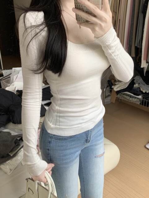 Popw Slim Fit Square Neck Basic Versatile Slimming Solid Color Long Sleeve T-Shirt Casual Top for Women