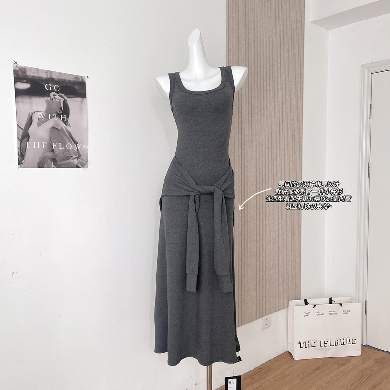 Popw LAOSHU Fake Two-Piece Waist-Tie Design Vest Dress for Women, Summer Layered Look, Waist and Abdomen Shaping Dress, Long Dress