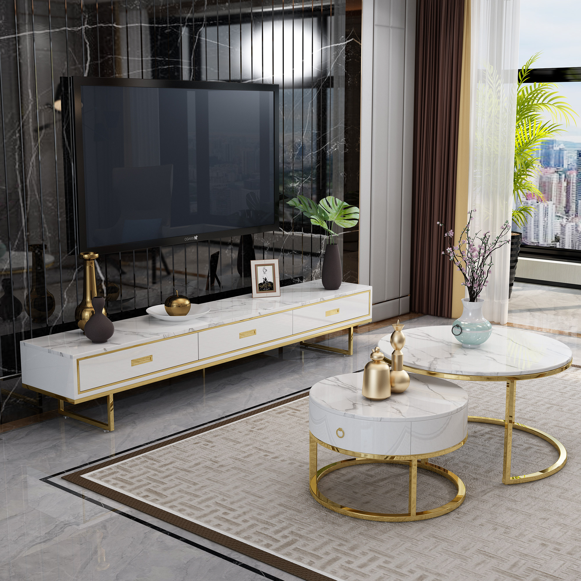 Modern light luxury Italian rock slab TV cabinet coffee table combination stainless steel high-end new high-end sense simple and modern