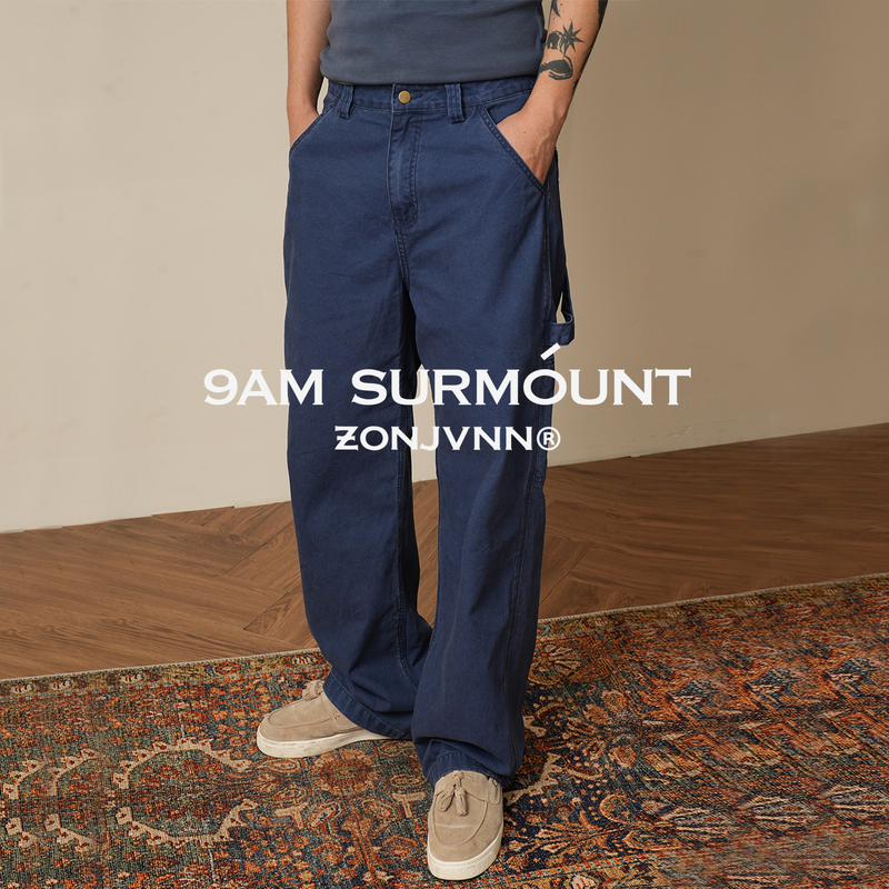 Zonjvnn French-Style Vintage Work Pants, Heavy-Duty Washed and Distressed, Casual Loose Wide-Leg Men's Long Pants with Multiple Pockets for Spring and Autumn