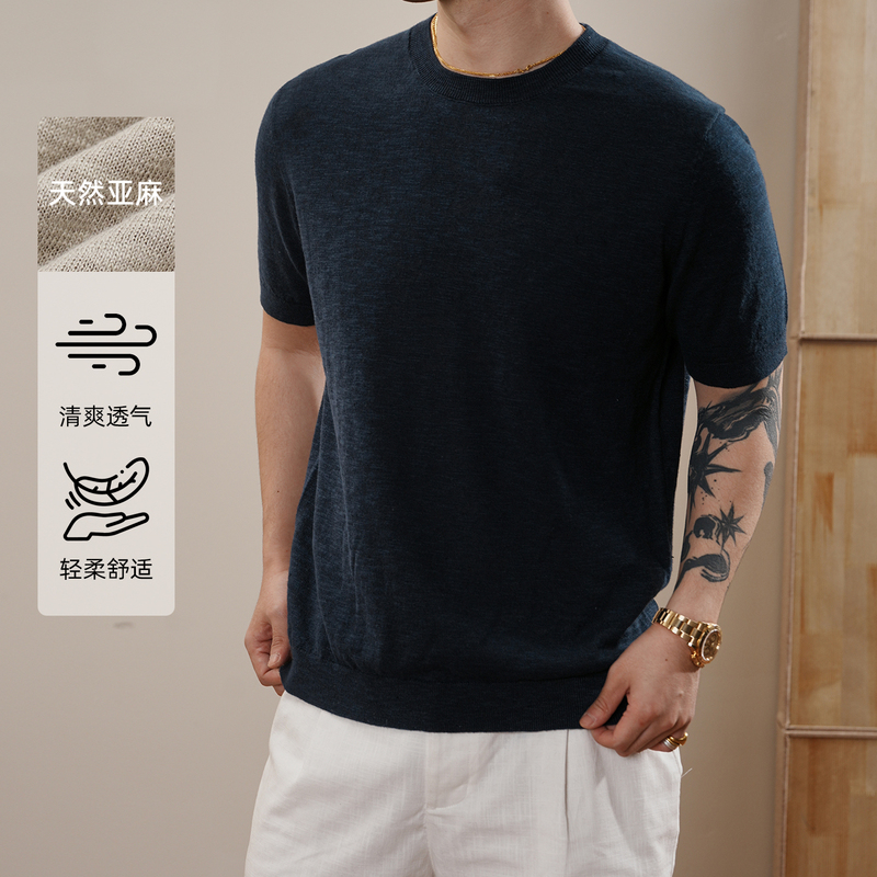 Zonjvnn Old Money Style Linen Bamboo Texture Round Neck T-Shirt Casual Ribbed Knit Short Sleeve Summer Men's Breathable