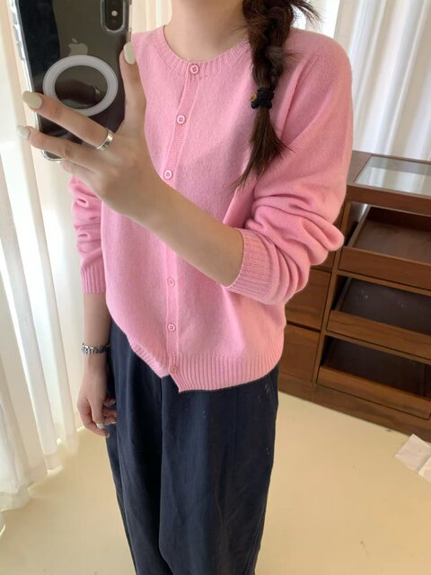 All-Wool Seamless 6629 Early Spring New Korean Style Round Neck Single-Breasted Wool Knit Cardigan for Women, Loose Top Trendy