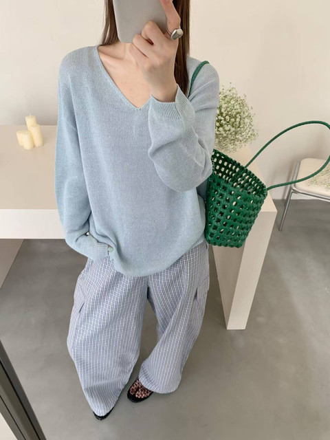 Japanese Paper Yarn Sequin Mid-Length 2026 Early Spring New Korean Style Loose Slimming V-Neck Long-Sleeve Knit Sweater Women's Top