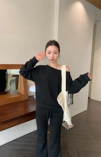 Two-Piece Set Genuine 2025 Spring New Korean Style Off-Shoulder Elegant Versatile Slim-Fit Sweatshirt Women's Casual Pants