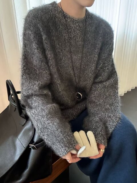 100% Wool Brushed Mid-Length Relaxed Sweater 2025 Autumn and Winter New Pullover Loose Woolen Sweater