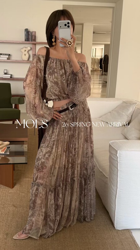 Mols2026 Spring/Summer New Twilight Series Vacation Bohemian Style Off-Shoulder Top + Skirt Rayon Set