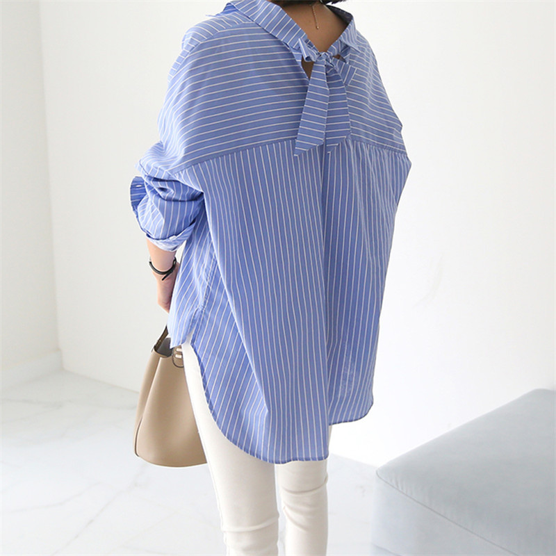 Blue Striped Shirt for Women, Stylish Spring and Summer Loose-Fitting Korean Style Lazy Style Long-Sleeved Irregular Back Tie Shirt