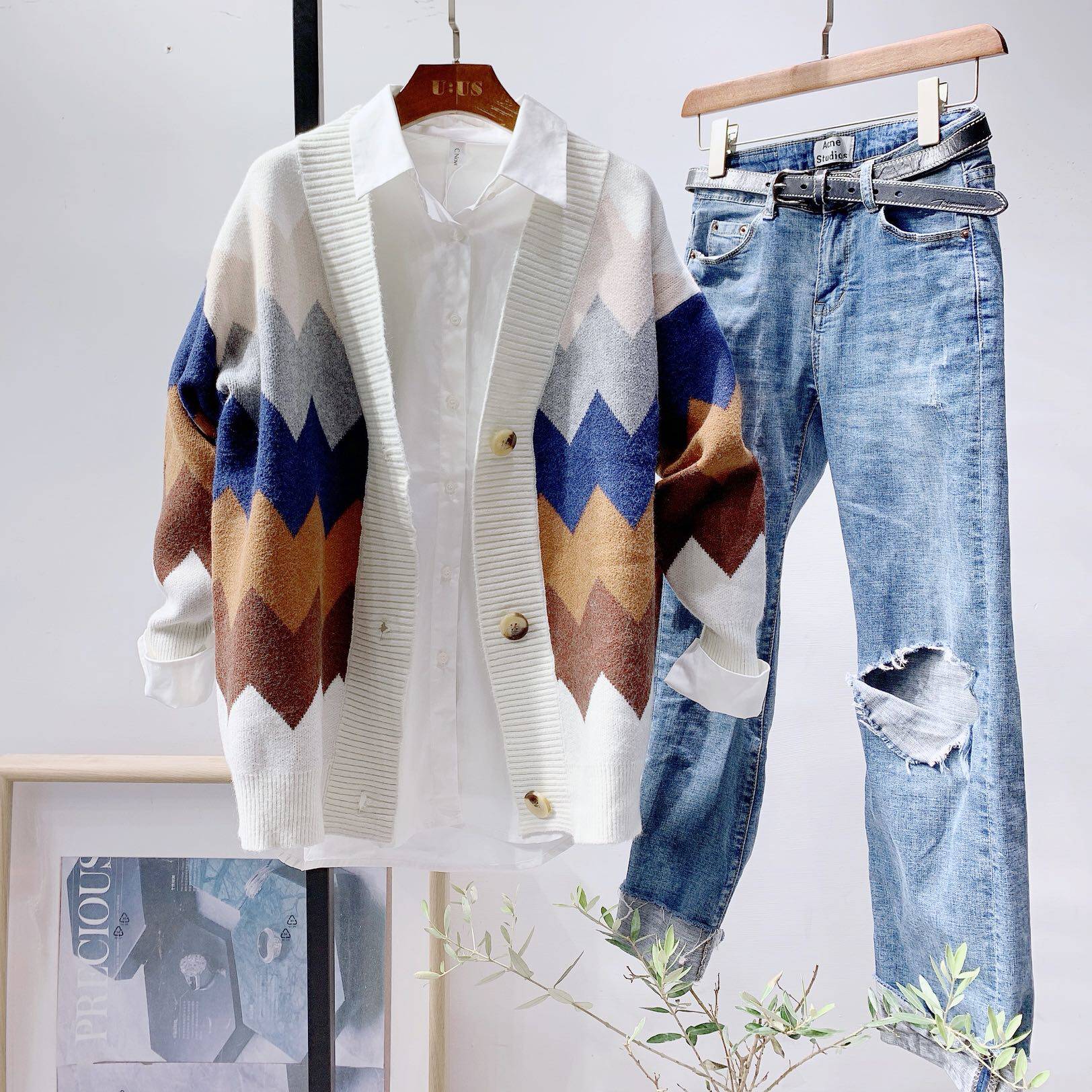 2022 Fall New Women's Dress Rhomboid Bangs LAZY SWEATER SWEATER LOOSE CARDIOVERT WOOL KNIT CARDIOVERT THICKENED JACKET